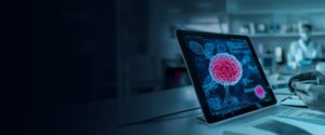 Clinicians review an AI-powered genomics decision support platform displaying NGS results, tumor profiling insights, and targeted therapy recommendations. 
