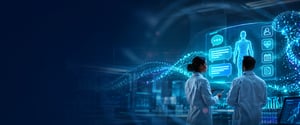 AI-powered genomics research laboratory with scientists analyzing genomic data and DNA technology