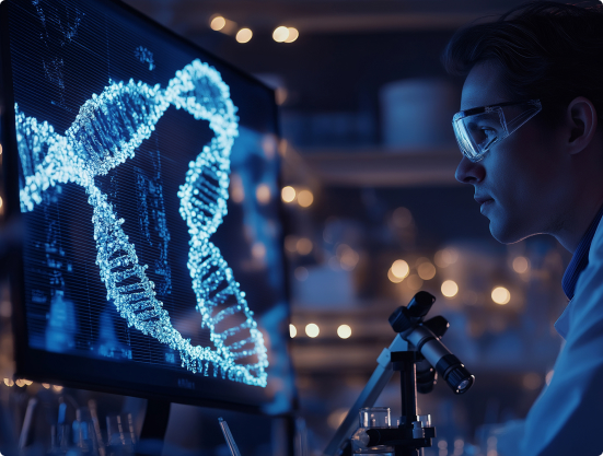 Scientists analyzing genomic data on laboratory workstations